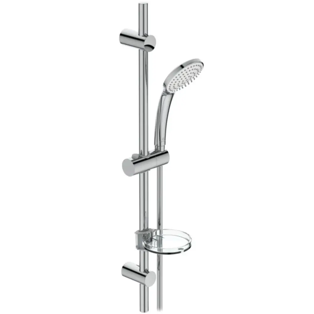 Brausekombination von Ideal Standard mit einer Handbrause und Halterung, montiert auf einer vertikalen Stange aus verchromtem Material.